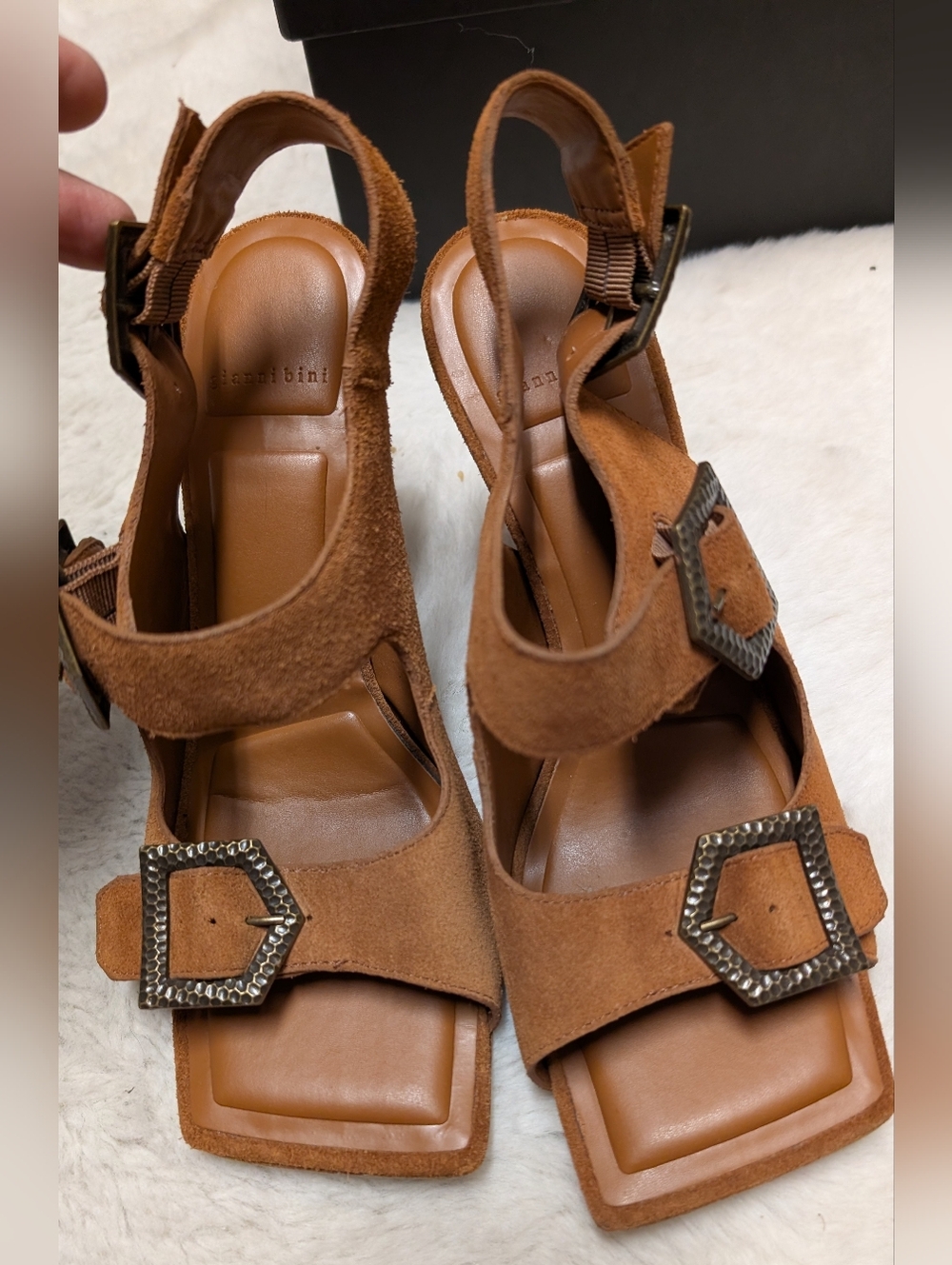 Gianni Bini Tan Suede Slingback Sandals with Statement Buckles